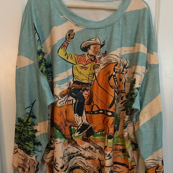 Tops - Vintage InspiredWestern Roy Roger’s Cowboy Graphic Pullover in Teal & Orange 2X